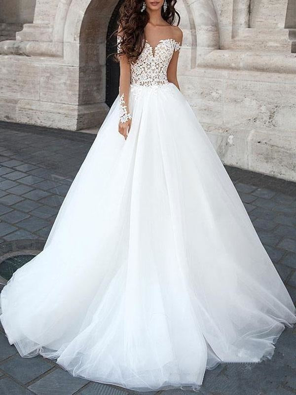 Alonlivn Elegant V-Neck Ball Gown Wedding Dresses With Beading Embroidery  Lace Off Shoulder Sleeves Princess Bridal Skirts - AliExpress
